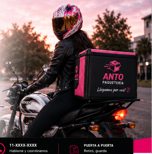 Repartidora en moto con caja de paquetería